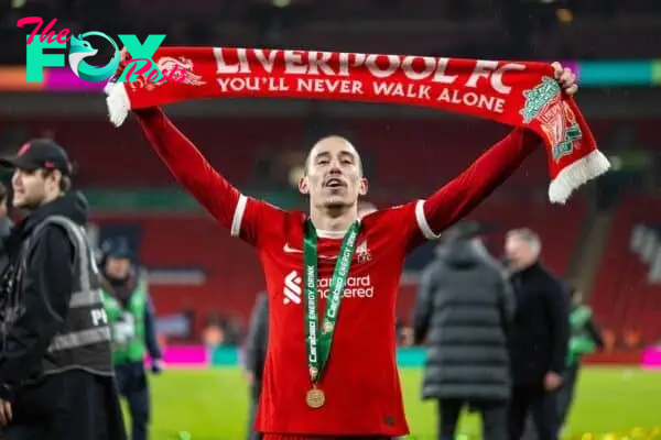 LONDON, ENGLAND - Sunday, February 25, 2024: Liverpool's Kostas Tsimikas celebrates after the Football League Cup Final match between Chelsea FC and Liverpool FC at Wembley Stadium. Liverpool won 1-0 after extra-time. (Photo by David Rawcliffe/Propaganda)