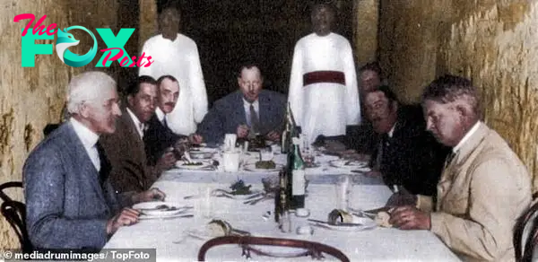 Pictured is a luncheon in a tomb, present are J H Breasted (died from X-ray exposure, Harry Burton (died from diabetes), A Lucas, A R Callender (died from ill health), Arthur Mace (died from poison) - all no older than their 50s