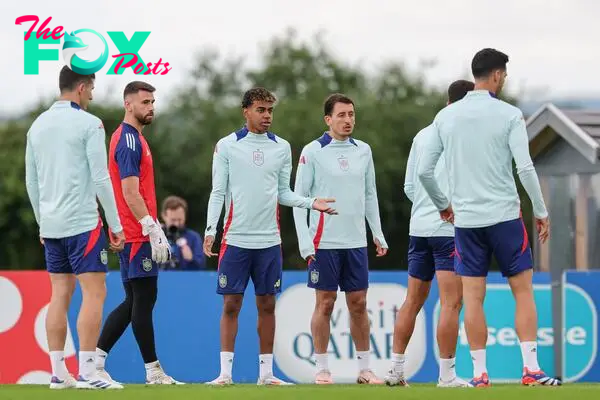 Spain's forward #19 Lamine Yamal and teammates preparing for final Group B match against Albania.