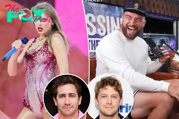 Taylor Swift and Travis Kelce with Jake Gyllenhaal and Joe Alwyn insets