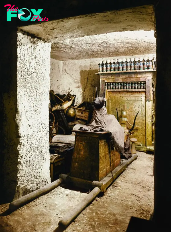 A statue of Anubis on a shrine with pallbearers' poles in the treasury of the tomb, ca.1923. Image courtesy of Griffith Institute, University of Oxford, colourised by Dynamichrome