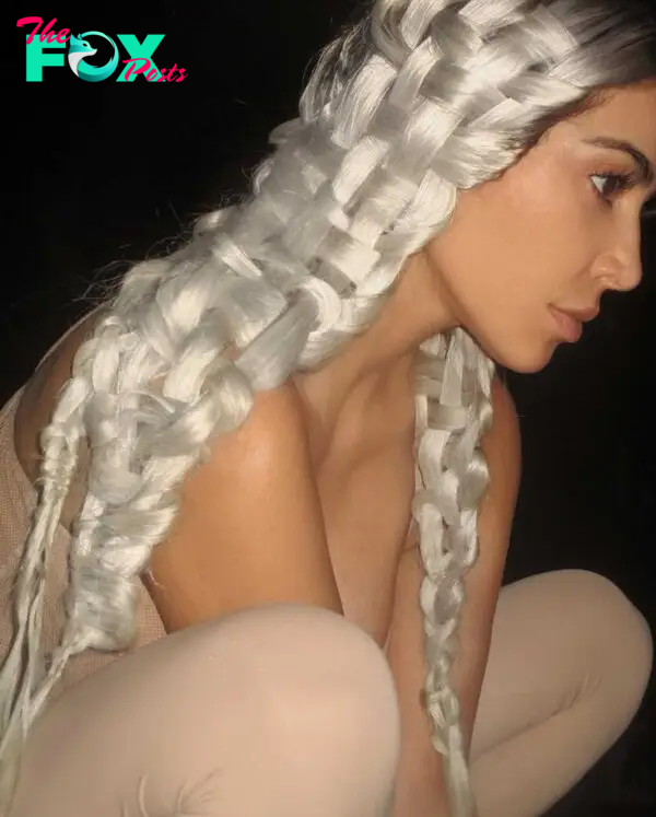 Kim Kardashian wearing a woven hairdo. 