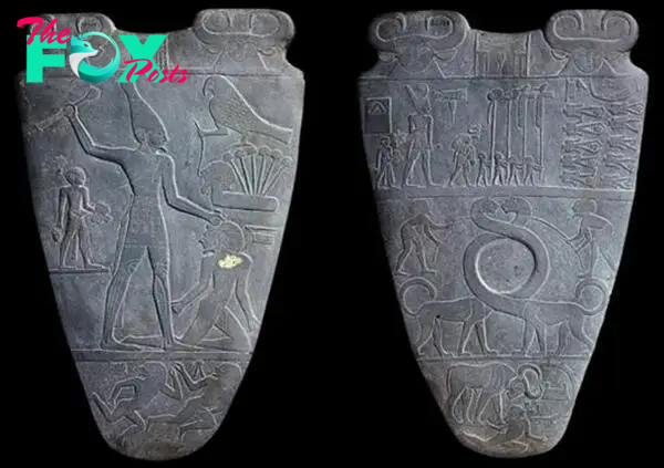 The Narmer Palette that shows the giant king defeating his enemies. c.3100 BC. 