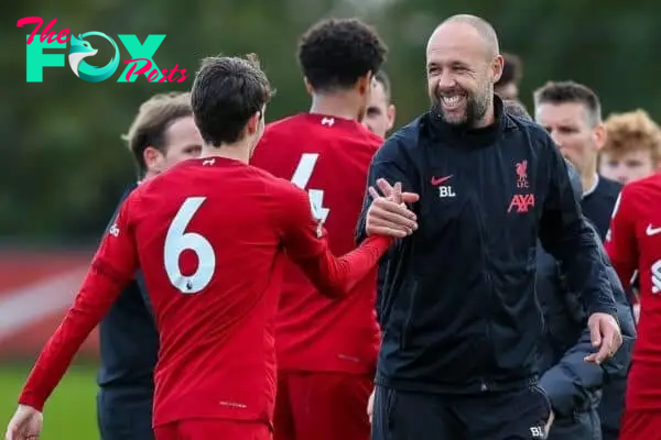 KIRKBY, ENGLAND - Saturday, October 22, 2022: Liverpool's U21's Head Coach Barry Lewtas celebrates after winning the Premier League 2 Division 1 match between Liverpool FC Under-21's and Everton FC Under-21's, the Mini Merseyside Derby, at the Liverpool Academy. Liverpool won 2-1. (Pic by Jessica Hornby/Propaganda)