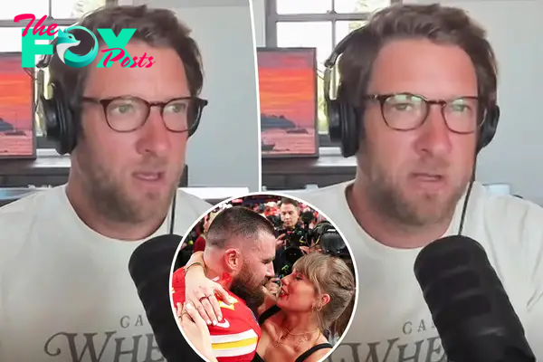 A composite of two images of Dave Portnoy and an inset of Taylor Swift kissing Travis Kelce