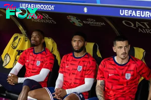 FRANKFURT, GERMANY - Thursday, June 20, 2024: England's Ivan Toney, Joe Gomez and Lewis Dunk on the bench before the UEFA Euro 2024 Group C match between Denmark and England at the Waldstadion. The game ended in a 1-1 draw. (Photo by David Rawcliffe/Propaganda)