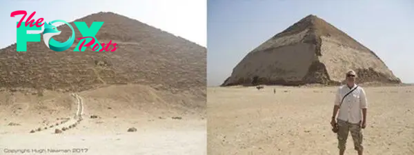 The Red Pyramid and Bent Pyramid of Dashur, with the author standing in front. Photos by Hugh Newman.