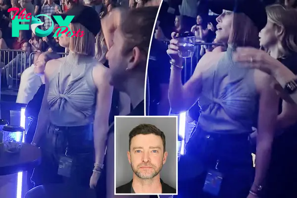 Jessica Biel at Justin Timberlake's concert with an inset of his mug shot.