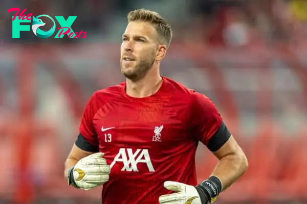 SINGAPORE - Wednesday, August 2, 2023: Liverpool's goalkeeper Adrián San Miguel del Castillo during the pre-match warm-up before a pre-season friendly match between Liverpool FC and FC Bayern Munich FC at the Singapore National Stadium. Bayern won 4-3. (Pic by David Rawcliffe/Propaganda)