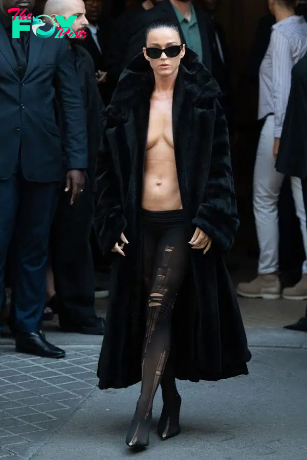 Katy Perry arrived at Balenciaga’s Fall 2024 Couture runway show in all black shirtless