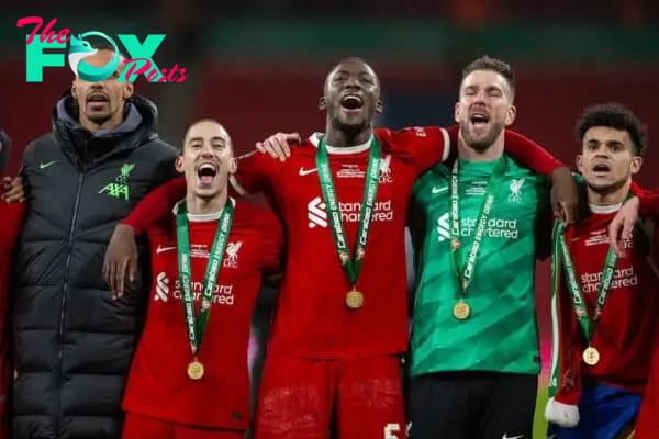 LONDON, ENGLAND - Sunday, February 25, 2024: Liverpool's Joël Matip, Kostas Tsimikas, Ibrahima Konaté, Adrián San Miguel del Castillo and Luis Díaz celebrate after the Football League Cup Final match between Chelsea FC and Liverpool FC at Wembley Stadium. Liverpool won 1-0 after extra-time. (Photo by David Rawcliffe/Propaganda)