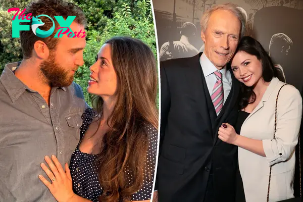 Clint Eastwood split image with his daughter Morgan and her husband.