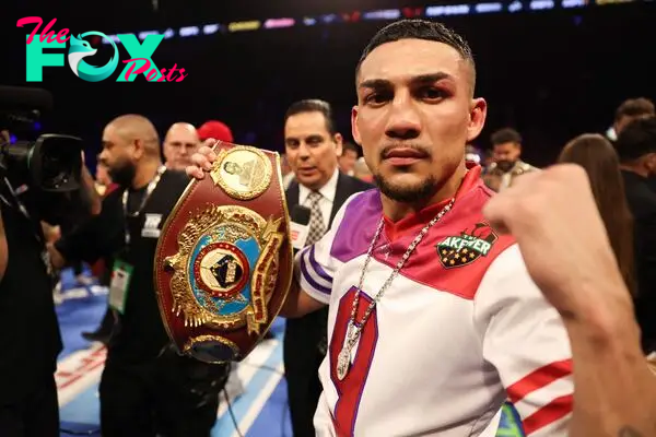 LAS VEGAS, NEVADA - FEBRUARY 08: Teofimo Lopez celebrates defeating Jamaine Ortiz to retain the WBO junior welterweight title at Michelob ULTRA Arena on February 08, 2024 in Las Vegas, Nevada.   Jamie Squire/Getty Images/AFP (Photo by JAMIE SQUIRE / GETTY IMAGES NORTH AMERICA / Getty Images via AFP)
