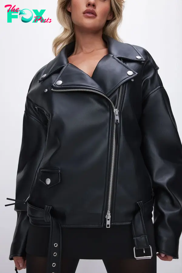 A model in a faux leather jacket