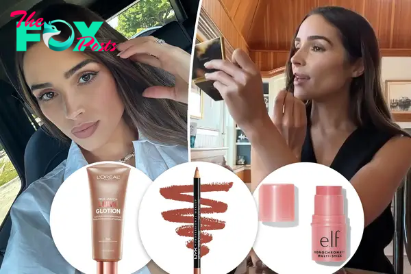 Olivia Culpo with insets of beauty products
