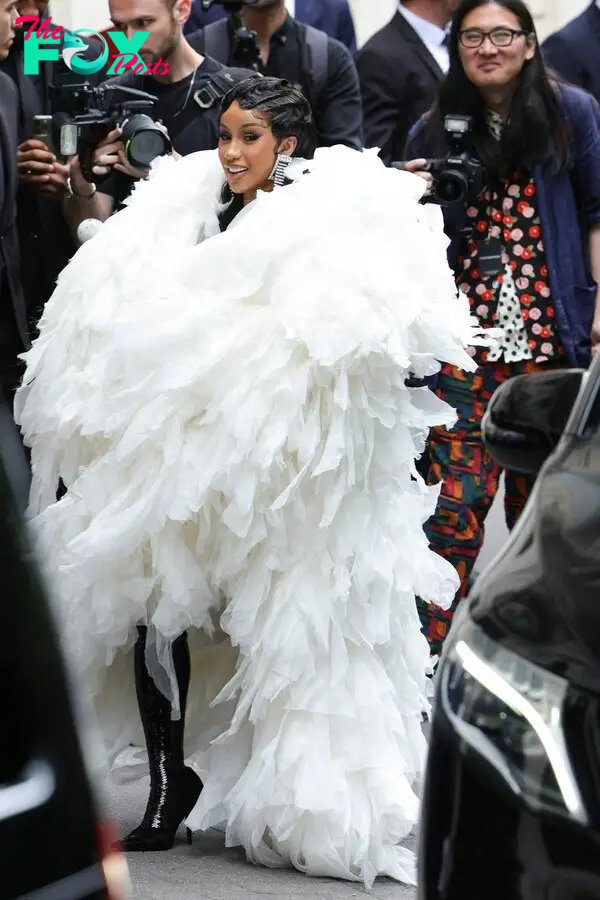Cardi B's Balenciaga Couture Look Mixed Feathers and Sequins
