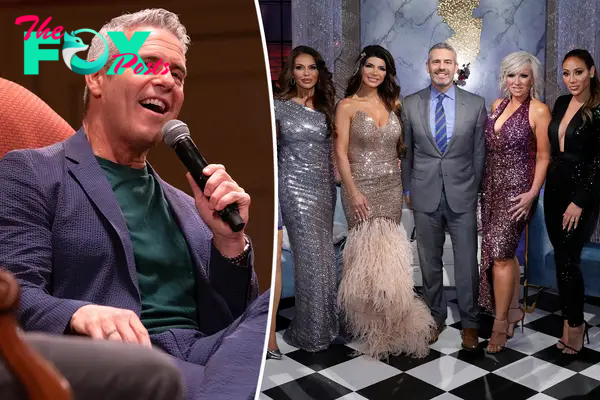 A split photo of Andy Cohen talking and the cast of "RHONJ" posing together