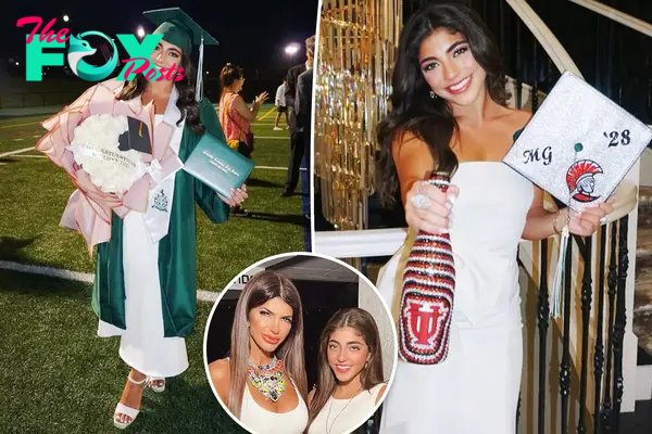 A split photo of Milania Giudice in a graduation gown and Milania Giudice holding a bottle and a small photo of Milania Giudice and Teresa Giudice