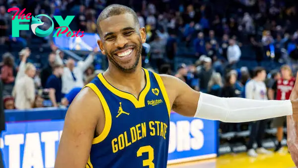 Warriors guard Chris Paul celebrates after a win over the Utah Jazz at Chase Center. 