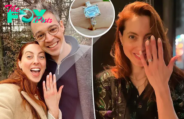 Eva Amurri and Ian Hock take selfie with engagement ring, split with the actress holding up her hand, as well as an inset of the jewelry