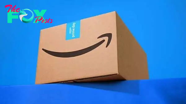 A cardboard Amazon Prime Box against a blue background.