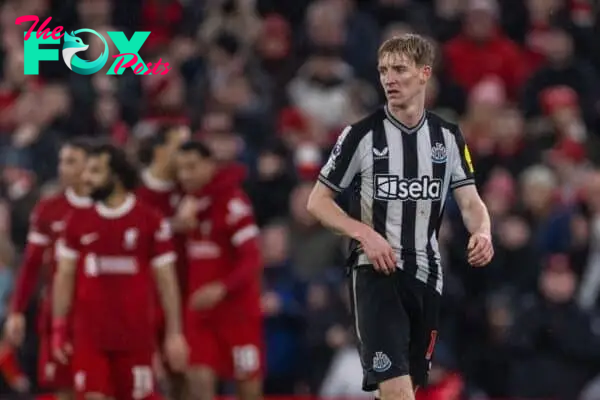 LIVERPOOL, ENGLAND - Monday, January 1, 2024: Newcastle United's Anthony Gordon looks dejected during the FA Premier League match between Liverpool FC and Newcastle United FC on New Year's Day at Anfield. Liverpool won 4-2. (Photo by David Rawcliffe/Propaganda)