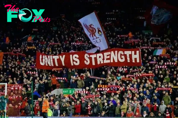 LIVERPOOL, ENGLAND - Wednesday, March 2, 2016: Liverpool supporters' banner on the Spion Kop 'Unity is strength' before the Premier League match against Manchester City at Anfield. (Pic by David Rawcliffe/Propaganda)