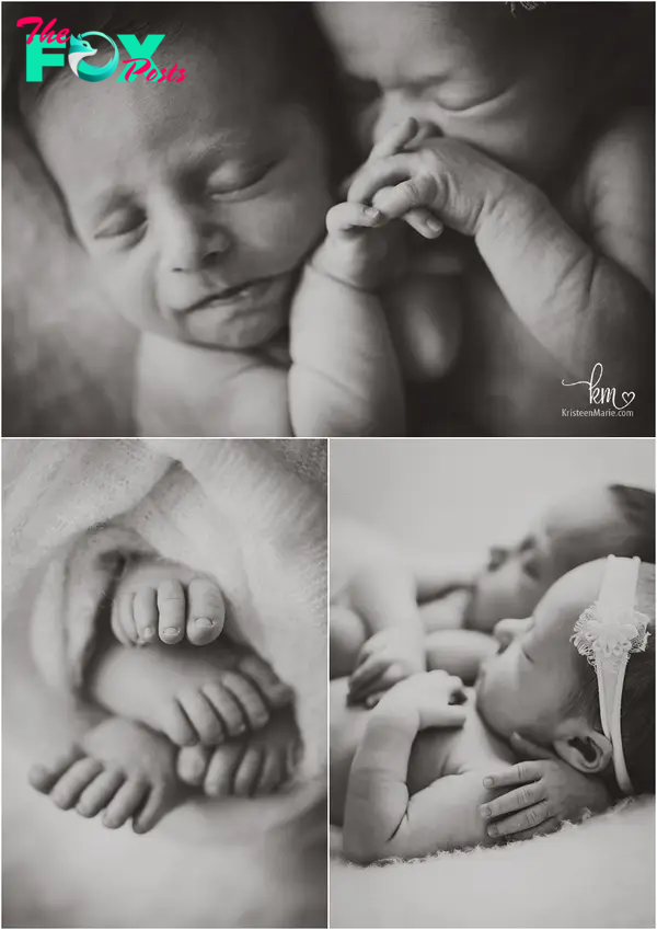 newborn baby twins in black and white - boy girl