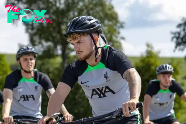DONESCHINGEN, GERMANY - Friday, July 21, 2023: Liverpool's Harvey Elliott rides to a training session on a bike during a pre-season training camp in Germany. (Pic by David Rawcliffe/Propaganda)