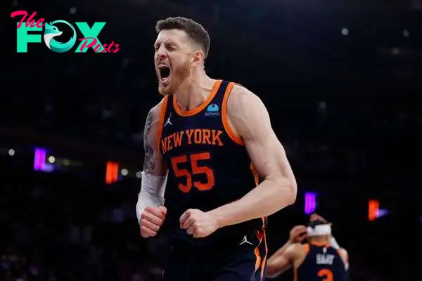 Isaiah Hartenstein #55 of the New York Knicks reacts during the first half against the Philadelphia 76ers in Game Two of the Eastern Conference First Round Playoffs at Madison Square Garden on April 22, 2024 in New York City. The Knicks won 104-101.