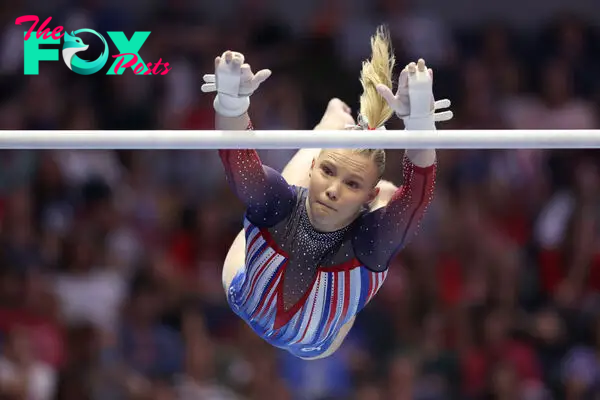 Jade Carey competes on the uneven bars on Day Four of the 2024 U.S. Olympic Team Gymnastics Trials in Minneapolis on June 30, 2024.