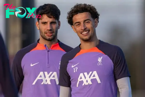 LIVERPOOL, ENGLAND - Wednesday, October 25, 2023: Liverpool's Curtis Jones (R) and Dominik Szoboszlai during a training session at the AXA Training Centre ahead of the UEFA Europa League Group E match between Liverpool FC and FC Toulouse. (Photo by David Rawcliffe/Propaganda)