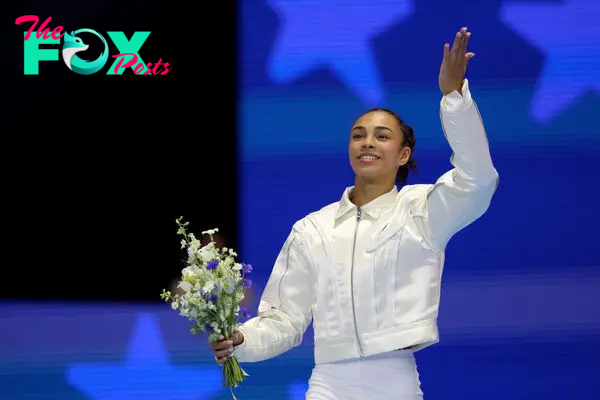 Hezly Rivera reacts after being selected for the 2024 U.S. Olympic Women's Gymnastics Team on Day Four of the 2024 U.S. Olympic Team Gymnastics Trials in Minneapolis on June 30, 2024.