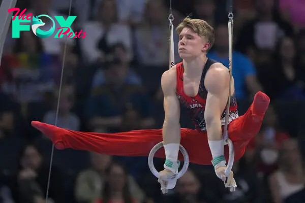 Shane Wiskus competes on rings during the Men's U.S. Olympic Gymnastics Team Trials in Minneapolis on June 29, 2024.