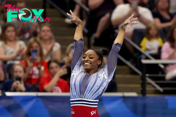 Simone Biles competes in the floor exercise on Day Two of the 2024 U.S. Olympic Team Gymnastics Trials in Minneapolis on June 28, 2024.