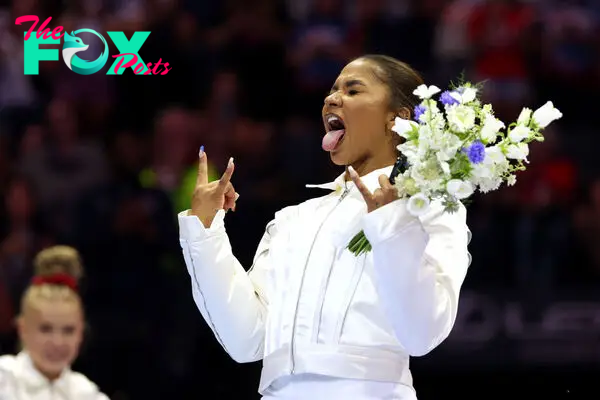 Jordan Chiles celebrates after being selected for the 2024 U.S. Olympic Women's Gymnastics Team on Day Four of the 2024 U.S. Olympic Team Gymnastics Trials in Minneapolis, Minnesota on June 30, 2024.