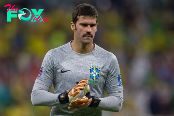 DOHA, QATAR - Thursday, November 24, 2022: Brazil's goalkeeper Alisson Becker during the FIFA World Cup Qatar 2022 Group G match between Brazil and Serbia at the Lusail Stadium. (Pic by David Rawcliffe/Propaganda)