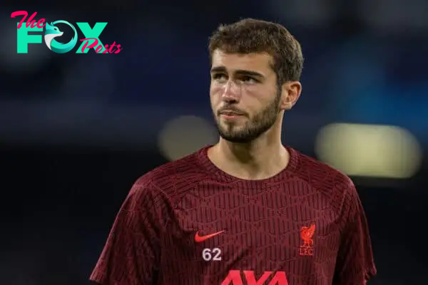 NAPLES, ITALY - Wednesday, September 7, 2022: Liverpool's goalkeeper Harvey Davies during the pre-match warm-up before the UEFA Champions League Group A matchday 1 game between SSC Napoli and Liverpool FC at the Stadio Diego Armando Maradona. (Pic by David Rawcliffe/Propaganda)