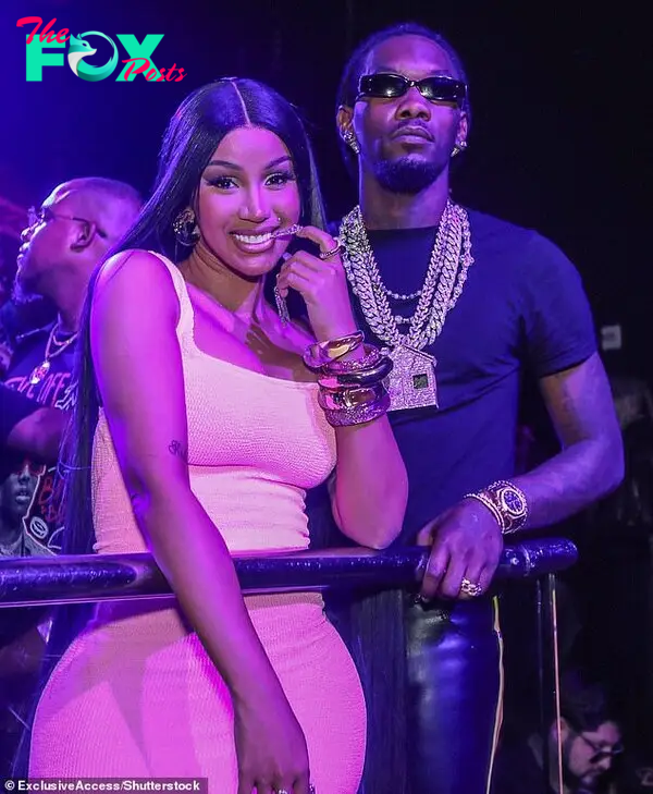 Diamonds: Offset, 31, looked hip in a black T-shirt and black leather pants with a yellow stripe along the outside of the legs The hitmaker later removed his jacket to reveal several jewel encrusted chains and bracelets