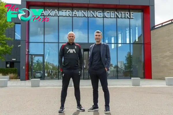 KIRKBY, ENGLAND - Friday, July 5, 2024: Liverpool's new head coach Arne Slott (L) and Sporting Director Richard Hughes are presented at a photo call at the club's AXA Training Centre. (Photo by David Rawcliffe/Propaganda)