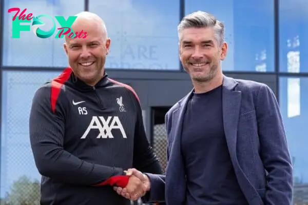 KIRKBY, ENGLAND - Friday, July 5, 2024: Liverpool's new head coach Arne Slott (L) and Sporting Director Richard Hughes are presented at a photo call at the club's AXA Training Centre. (Photo by David Rawcliffe/Propaganda)