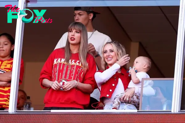 Taylor Swift and Brittany Mahomes look on during a game between the Los Angeles Chargers and Kansas City Chiefs