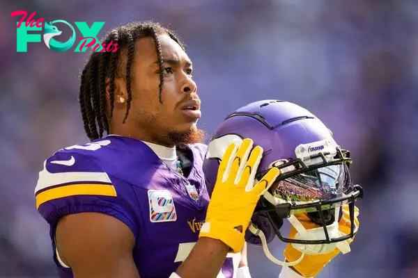 Oct 8, 2023; Minneapolis, Minnesota, USA; Minnesota Vikings wide receiver Justin Jefferson (18) before the game against the Kansas City Chiefs at U.S. Bank Stadium. Mandatory Credit: Brad Rempel-USA TODAY Sports