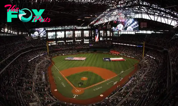 ARLINGTON, TX - JULY 4: A general view during the national anthem before the game between the Texas Rangers and the San Diego Padres at Globe Life Field on July 4, 2024 in Arlington, Texas.   Ron Jenkins/Getty Images/AFP (Photo by Ron Jenkins / GETTY IMAGES NORTH AMERICA / Getty Images via AFP)