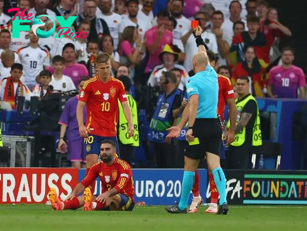 Carvajal is dismissed in the closing seconds of Spain's quarter-final win over Germany.