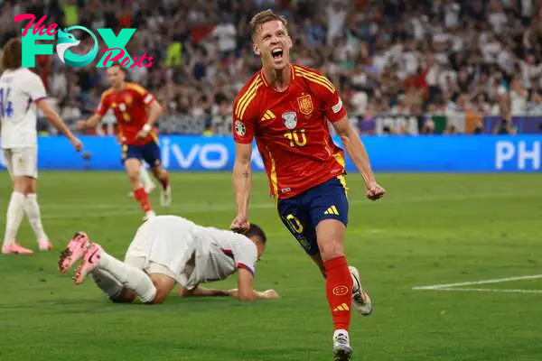 Munich (Germany), 09/07/2024.- Daniel Olmo of Spain celebrates after scoring the 2-1 goal during UEFA EURO 2024 semi-finals soccer match between Spain and France in Munich, Germany, 09 July 2024. (Francia, Alemania, España) EFE/EPA/CLEMENS BILAN
