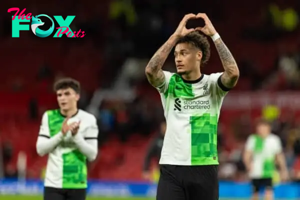 MANCHESTER, ENGLAND - Friday, April 12, 2024: Liverpool's Rhys Williams celebrates after during the Premier League 2 Division 1 match between Manchester United FC Under-21's and Liverpool FC Under-21's at Old Trafford. Liverpool won 3-0. (Photo by David Rawcliffe/Propaganda)