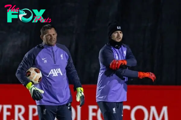 LIVERPOOL, ENGLAND - Wednesday, November 29, 2023: Liverpool's goalkeeper Caoimhin Kelleher (R) and goalkeeping coach John Achterberg during a training session at the AXA Training Centre ahead of the UEFA Europa League Group E match between Liverpool FC and LASK. (Photo by David Rawcliffe/Propaganda)