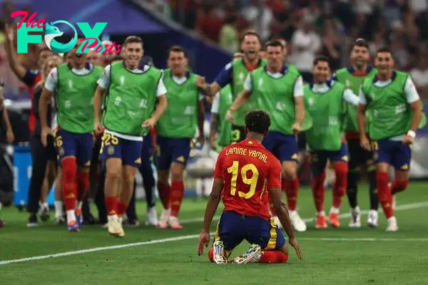 TOPSHOT - Spain's forward #19 Lamine Yamal celebrates scoring his team's first goal during the UEFA Euro 2024 semi-final football match between Spain and France at the Munich Football Arena in Munich on July 9, 2024. (Photo by FRANCK FIFE / AFP)