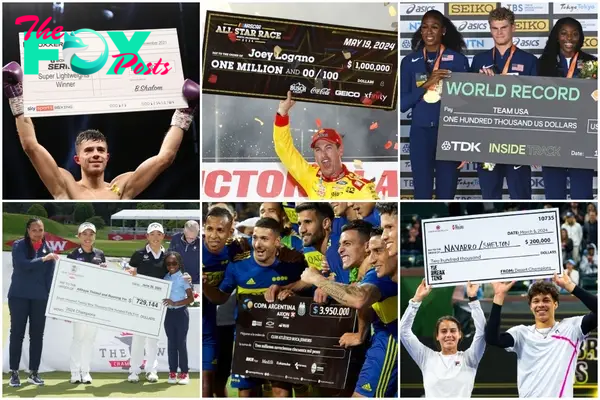 Collage of athletes holding giant cheques after winning tournaments.